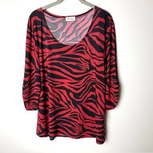 Star Vixen Blouse Size XL Top 3/4 Ruched Sleeves Stretch Red Black Scoop Neck